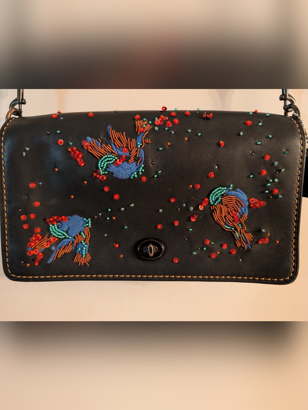 Coach 1941 Dinky 24 Beaded Sequins Birds Leather Crossbody Bag